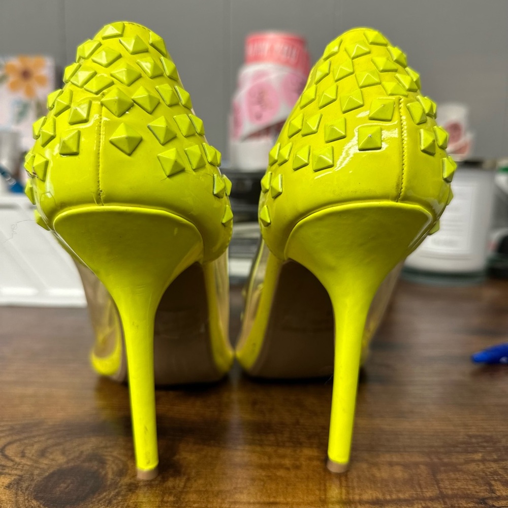 Wild Diva Neon Lime Studded Clear Side Stiletto Heels - Picture 5 of 9